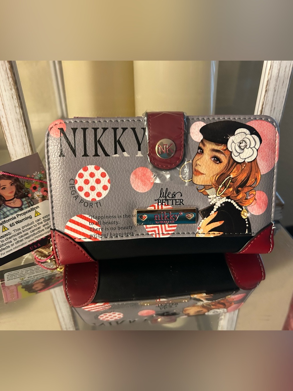Nicole Lee Gray Pink Red Graphic Zip-Around Wallet